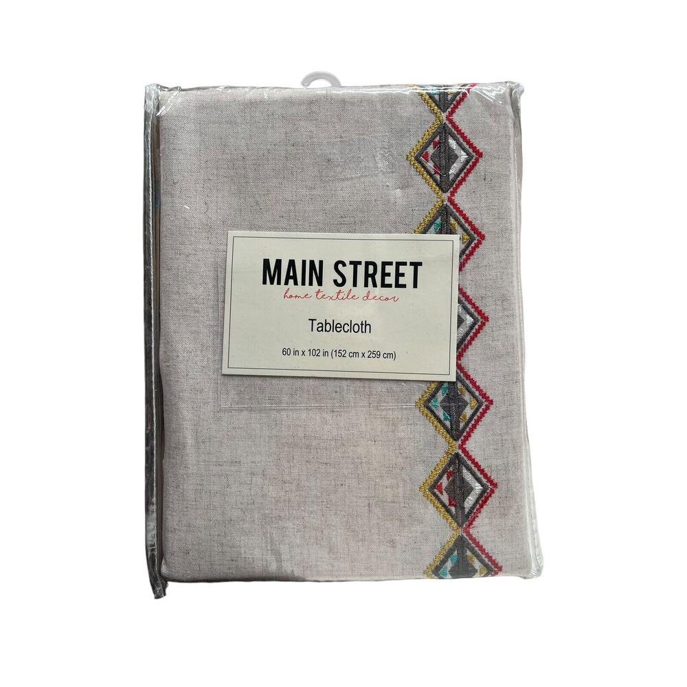 NWT Main Street Cloth Linen Blend tablecloth 60 in x 102 in Boho Embroidered